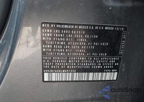 2020 Volkswagen Tiguan 2.0T Se/2.0T Se R-Line Black/2.0T Sel из США, поврежденный, VIN 3VV2B7AX6LM091334